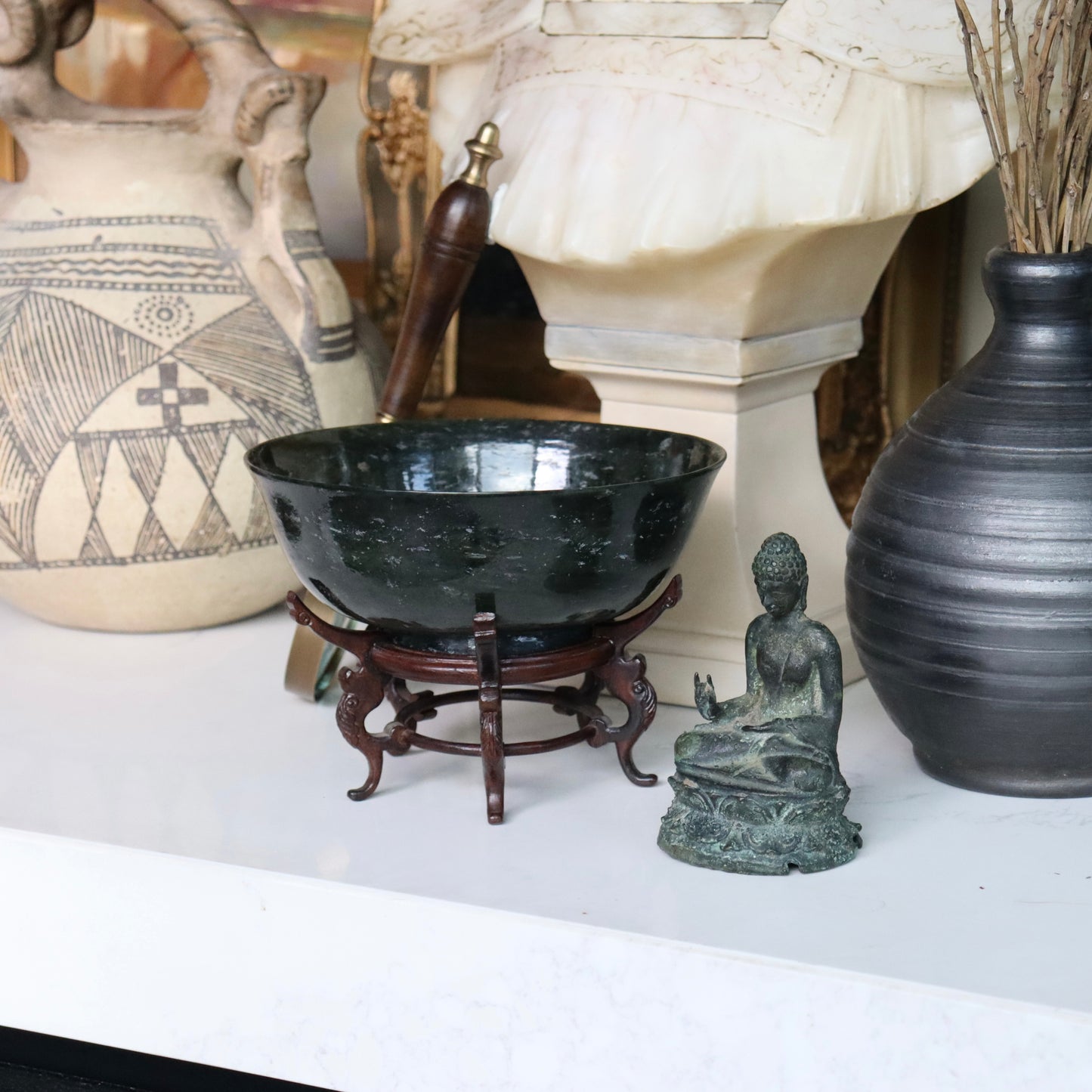 Pair of Chinese Spinach Jade Bowls on Stands