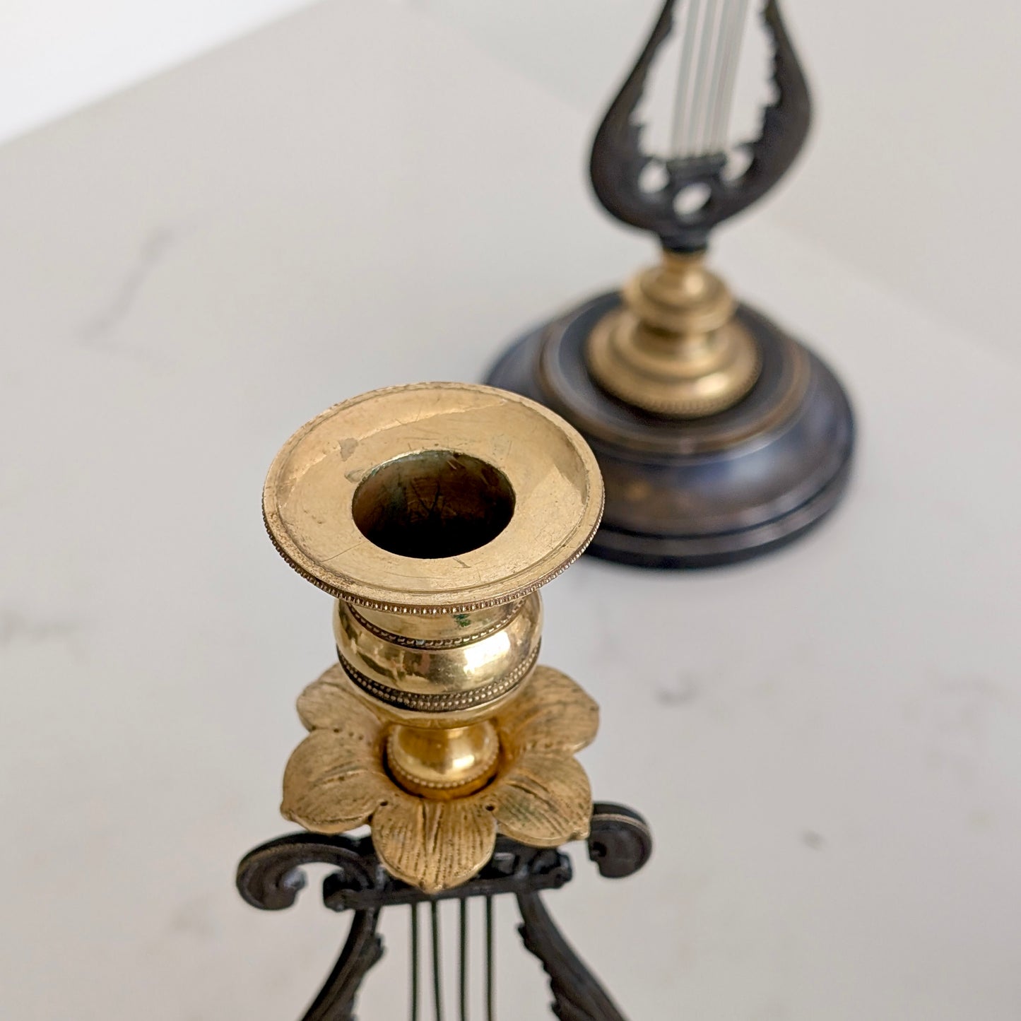 A Pair of 19th Century Gilt Bronze "Lyre" Candle Holders