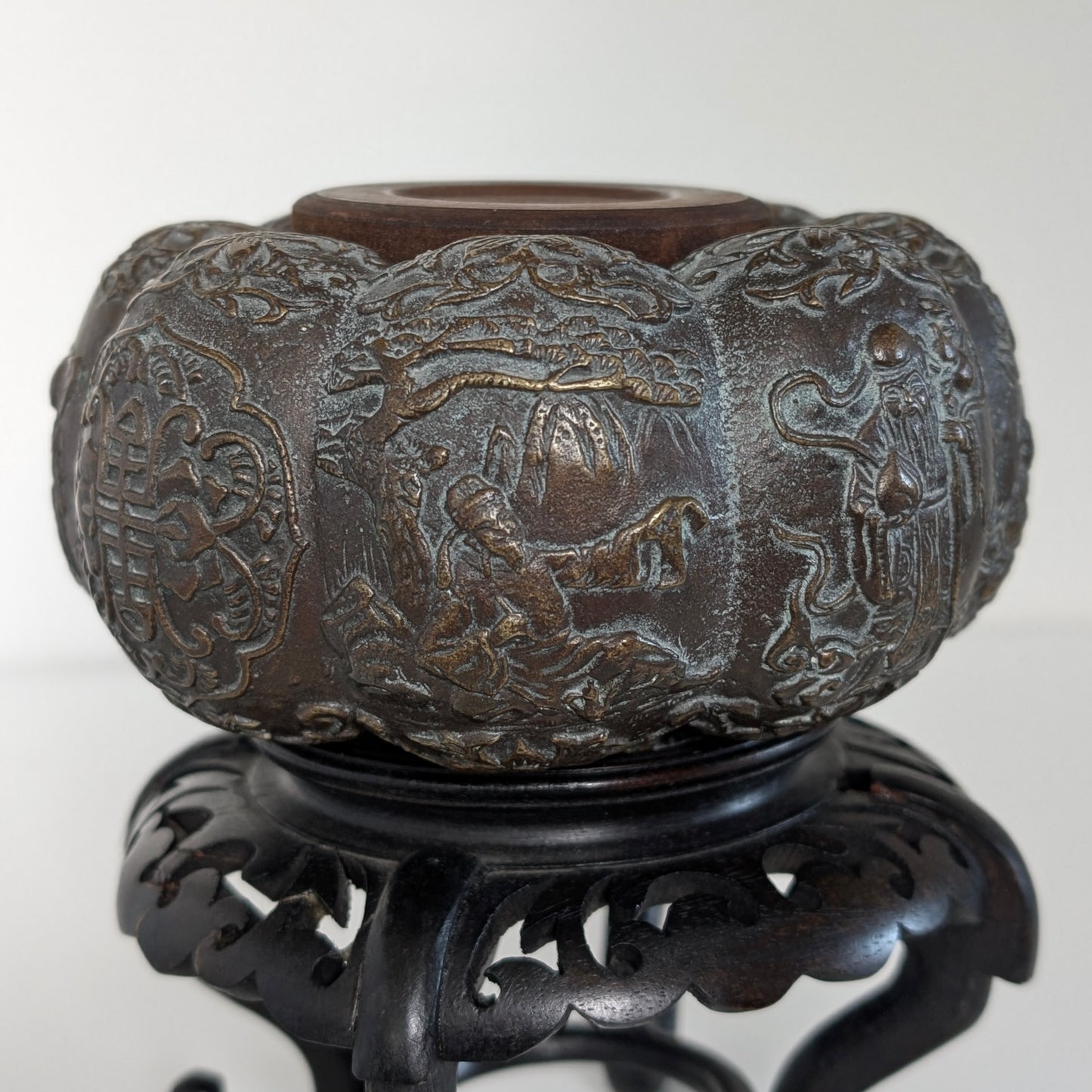 A Chinese Qing Dynasty Bronze Jar / Brush Wash on Stand