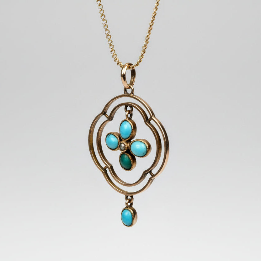 A Victorian 9ct Gold, Turquoise & Seed Pearl Pendant, c1890