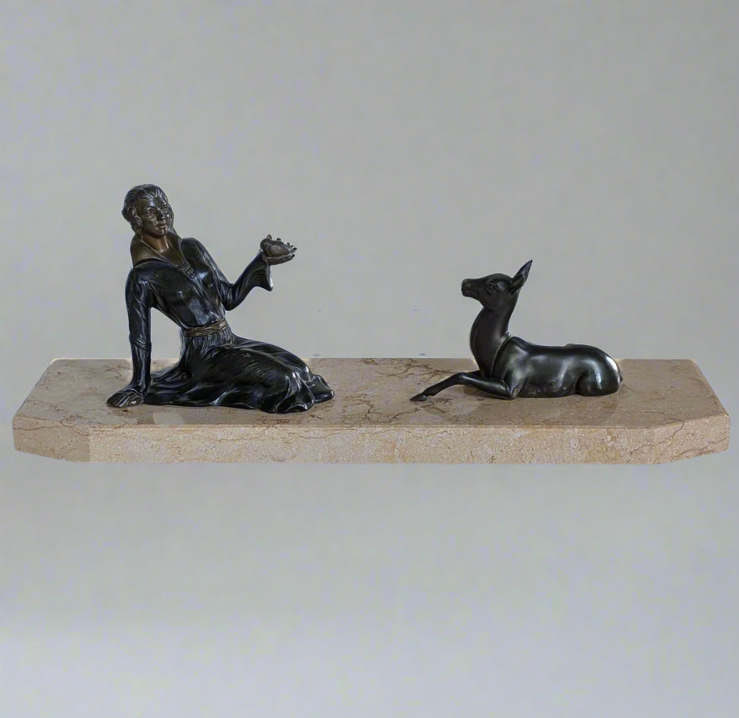 Art Deco Spelter 'Lady & Fawn' Sculpture on Marble Base
