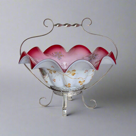 A Large Victorian Glass Bride's Basket in Silver Plated Stand