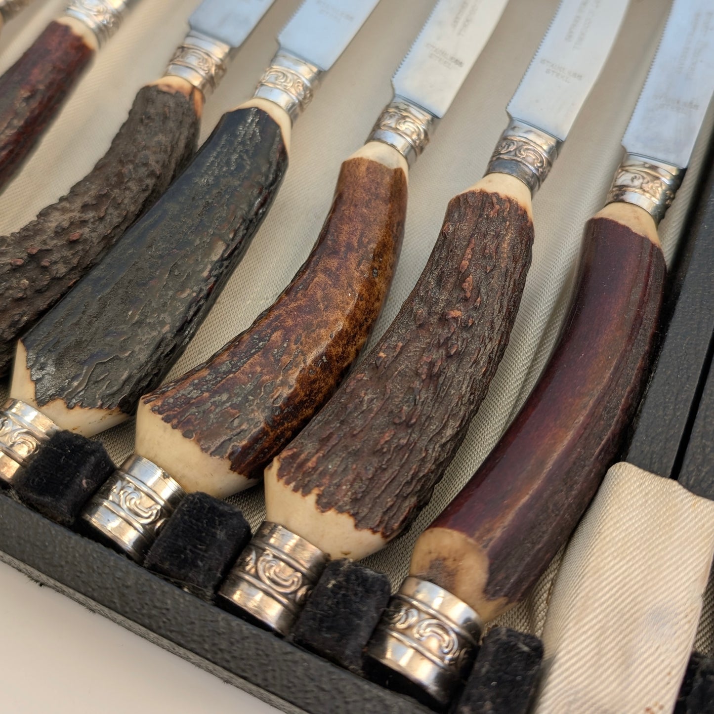 Set of Antler-Handled Stainless Steel Steak Cutlery by Ernest Cockbill