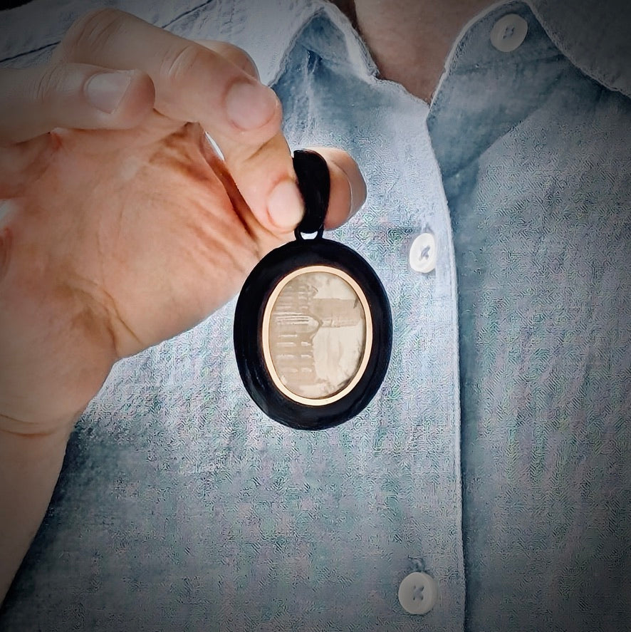 An Impressive Large Victorian Whitby Jet Mourning Locket, labeled "John", c1880