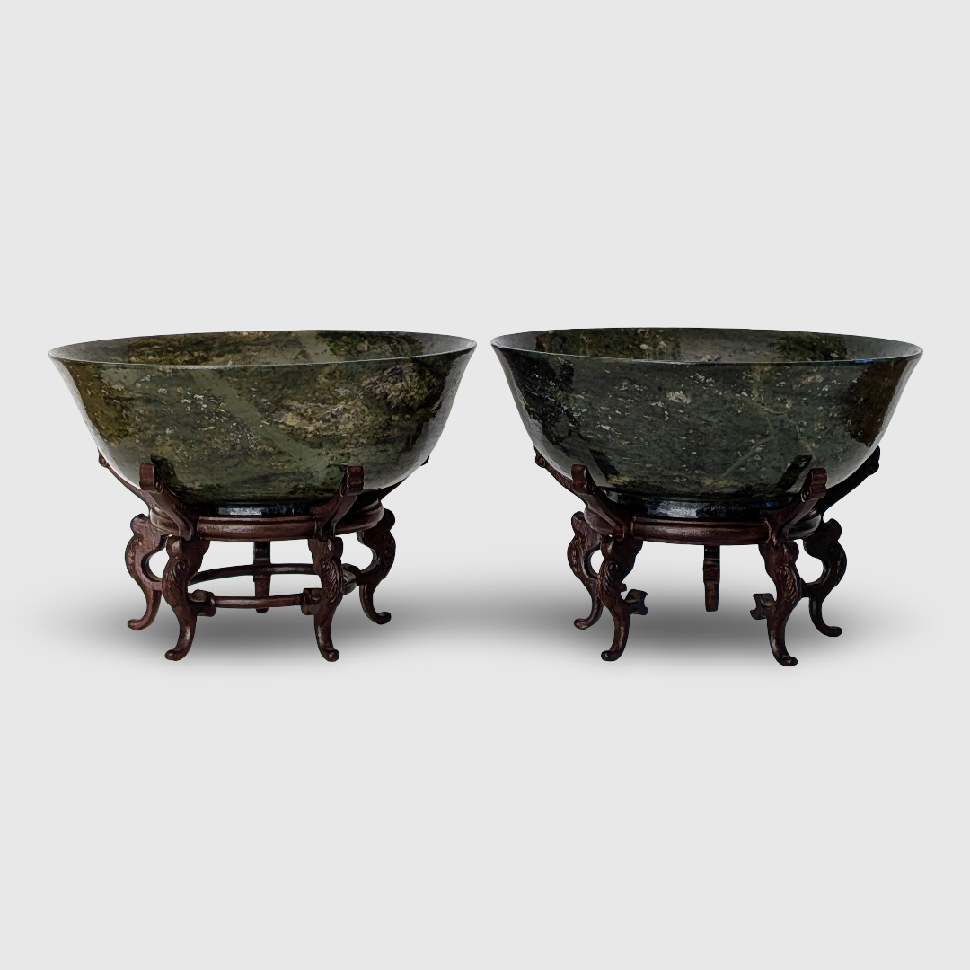 Pair of Chinese Spinach Jade Bowls on Stands