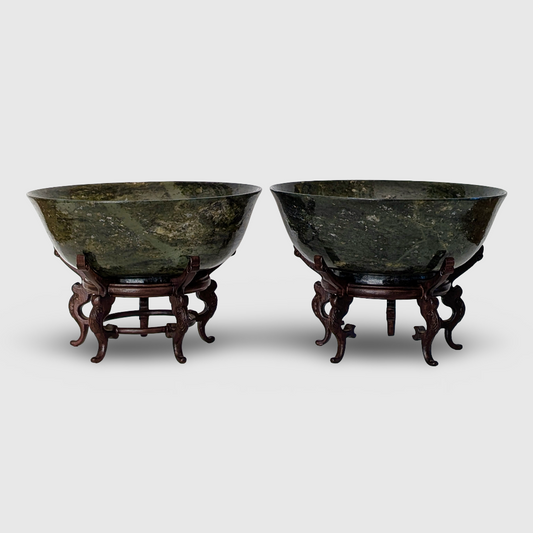 Pair of Chinese Spinach Jade Bowls on Stands