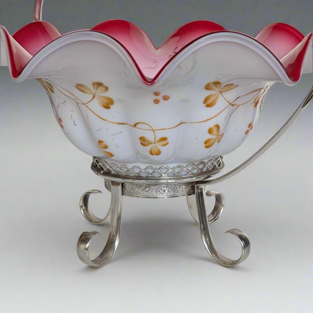A Large Victorian Glass Bride's Basket in Silver Plated Stand