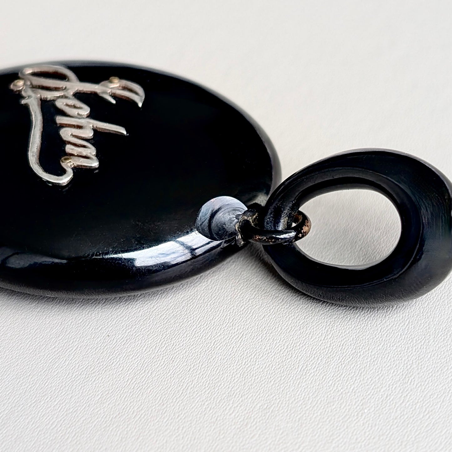 An Impressive Large Victorian Whitby Jet Mourning Locket, labeled "John", c1880