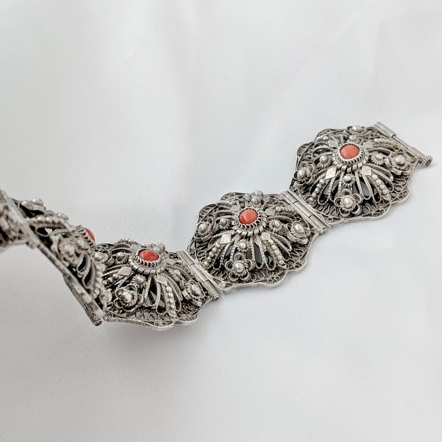A Substantial Balkan 0.800 Silver Filigree & Coral Bracelet