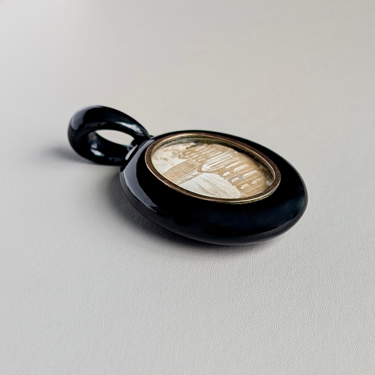 An Impressive Large Victorian Whitby Jet Mourning Locket, labeled "John", c1880