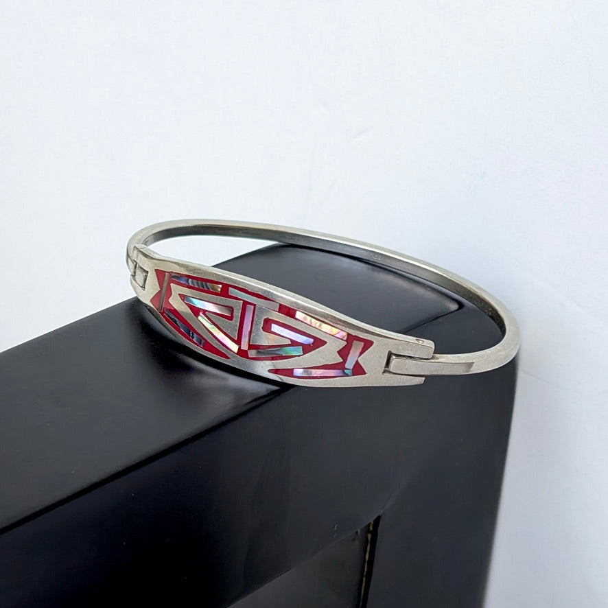A Mexican Sterling & Alpaca Silver Bracelet with Abalone Shell Inlay, c1970